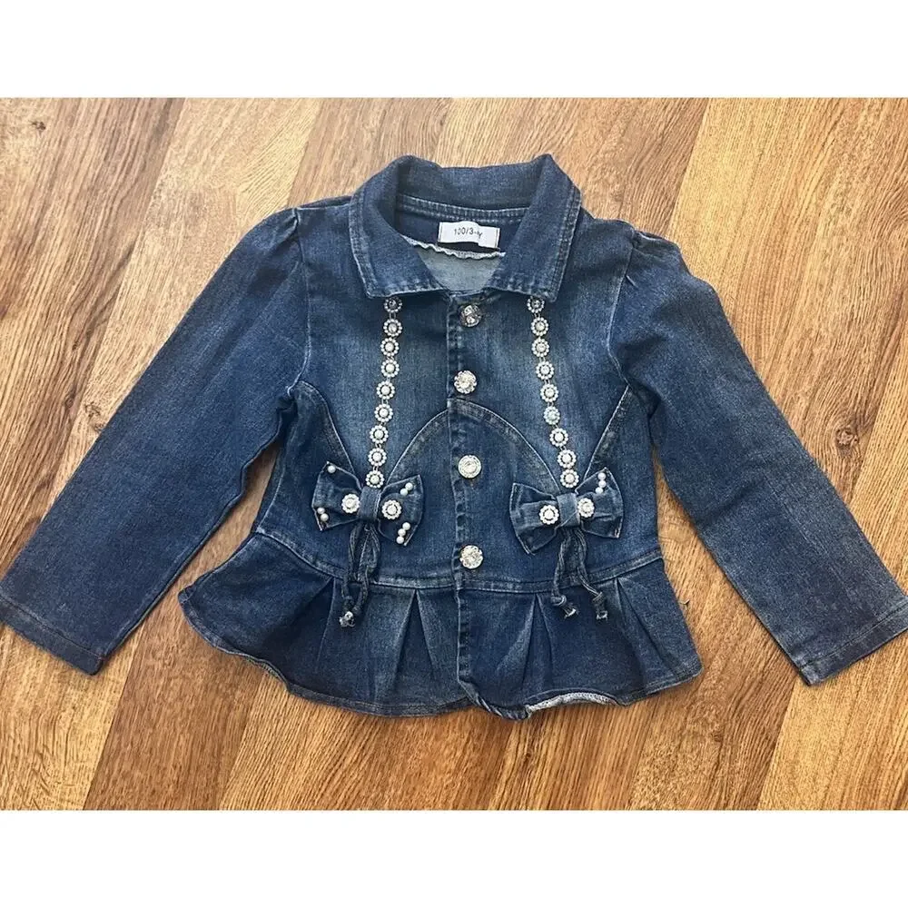 Peacolate Denim Jacket Rhinestone Buttons Ruffle Size 3-4 Girls Lightweight